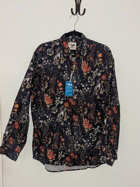 NWT Yiume Men's Long Sleeve Dark Blue Animals/Flowers Cotton Shirt Size L